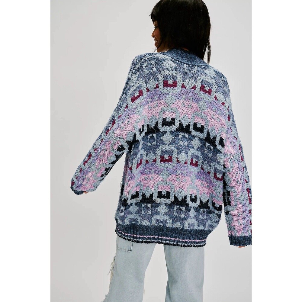 Free People Bluebell Oversized Cardigan Small Denim Aztec Boho Indie Sleeze Top - Picture 2 of 11